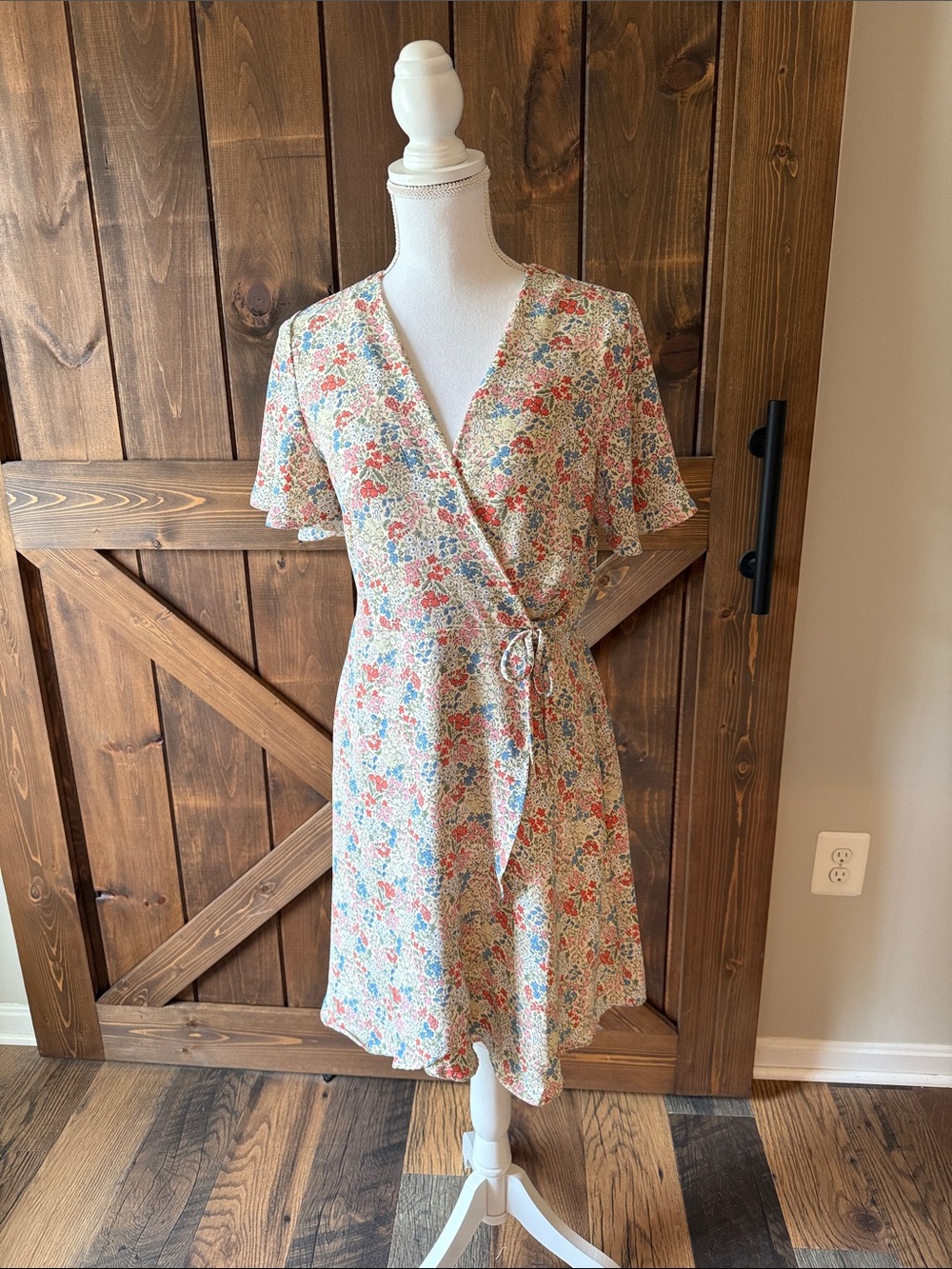 Monteau Cream Midi Wrap Dress with Coral & Blue Floral